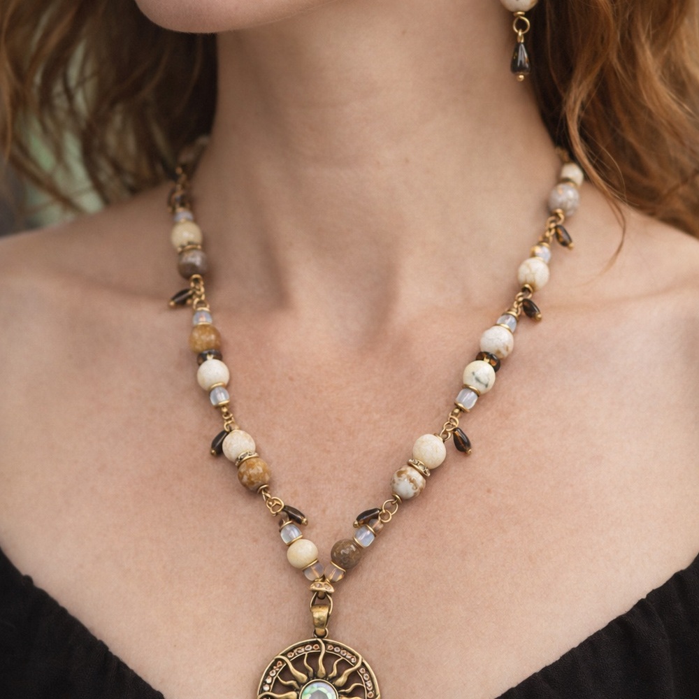 Handmade Dendritic Opal & Smoky Quartz Sun Necklace Set - Picture 3 of 6